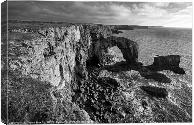 The Green Bridge of Wales Black and White Pembrokeshire West Wales Canvas Print by Terry Brooks