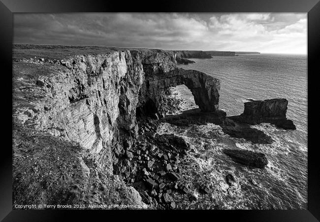 The Green Bridge of Wales Black and White Pembrokeshire West Wales Framed Print by Terry Brooks