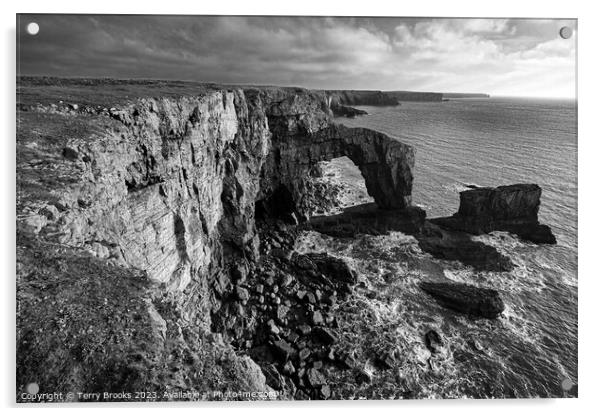 The Green Bridge of Wales Black and White Pembrokeshire West Wales Acrylic by Terry Brooks
