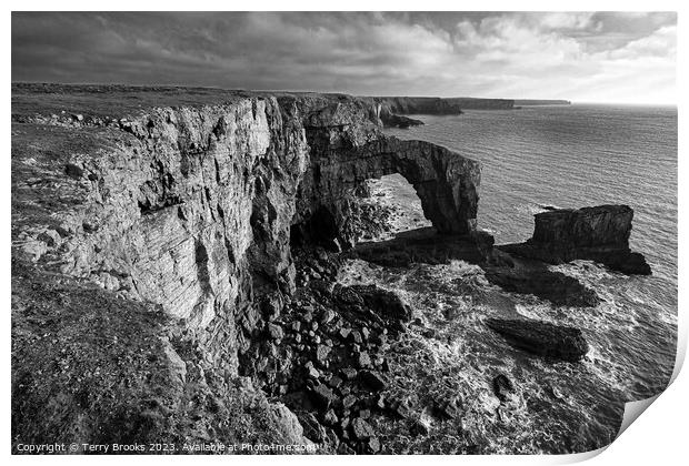 The Green Bridge of Wales Black and White Pembrokeshire West Wales Print by Terry Brooks