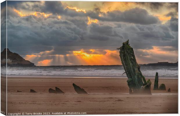 Helvetia Shipwreck  Rhossili Bay and Worm's Head Sunset Canvas Print by Terry Brooks