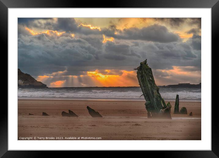 Helvetia Shipwreck  Rhossili Bay and Worm's Head Sunset Framed Mounted Print by Terry Brooks