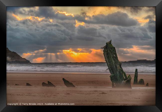 Helvetia Shipwreck  Rhossili Bay and Worm's Head Sunset Framed Print by Terry Brooks