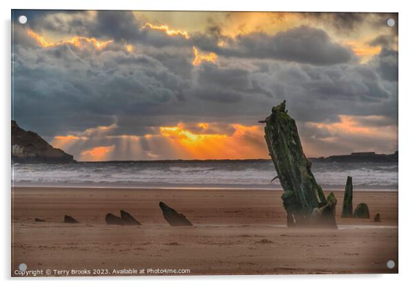 Helvetia Shipwreck  Rhossili Bay and Worm's Head Sunset Acrylic by Terry Brooks