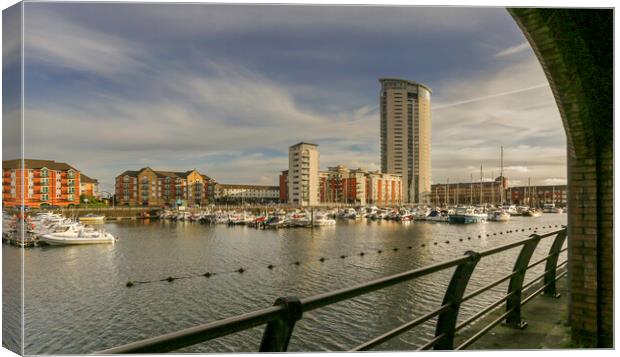 The Meridian tower at Swansea Marina Canvas Print by Leighton Collins