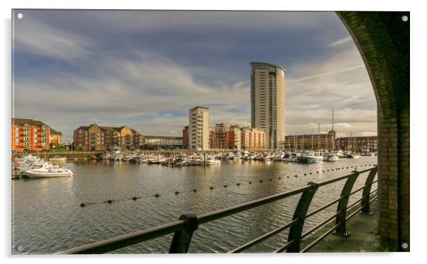 The Meridian tower at Swansea Marina Acrylic by Leighton Collins