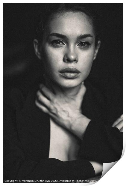 Woman black and white portrait Print by Veronika Druzhnieva