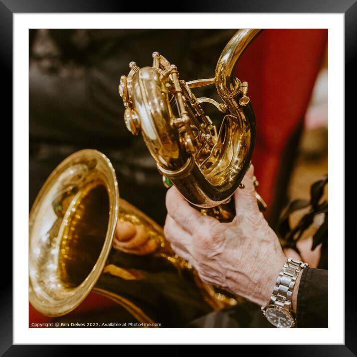 brass saxophone details played by male Framed Mounted Print by Ben Delves