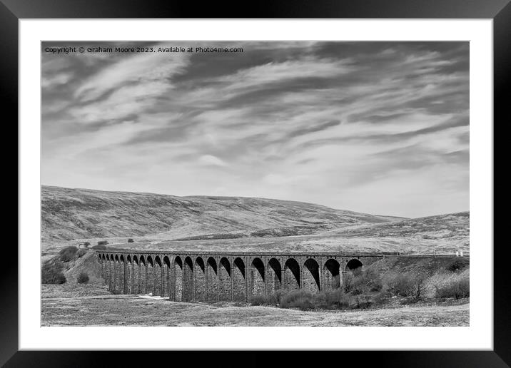 Ribblehead Viaduct from the west monochrome Framed Mounted Print by Graham Moore