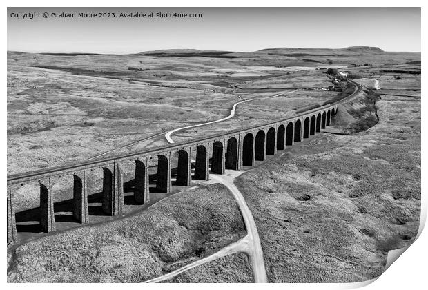 Ribblehead Viaduct elevated view monochrome Print by Graham Moore