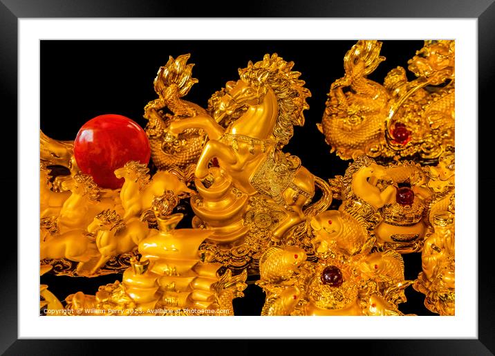 Golden Statues Horses Wat Ratchanaddaram Bangkok Thailand Framed Mounted Print by William Perry