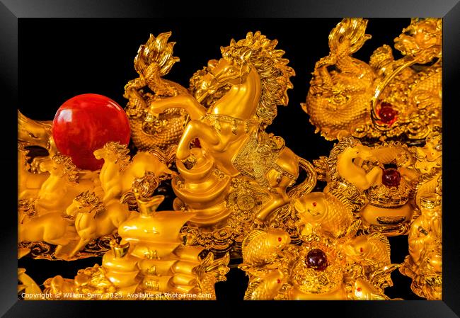 Golden Statues Horses Wat Ratchanaddaram Bangkok Thailand Framed Print by William Perry