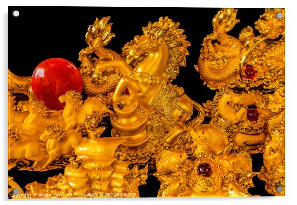 Golden Statues Horses Wat Ratchanaddaram Bangkok Thailand Acrylic by William Perry