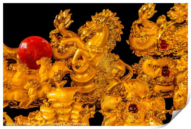 Golden Statues Horses Wat Ratchanaddaram Bangkok Thailand Print by William Perry
