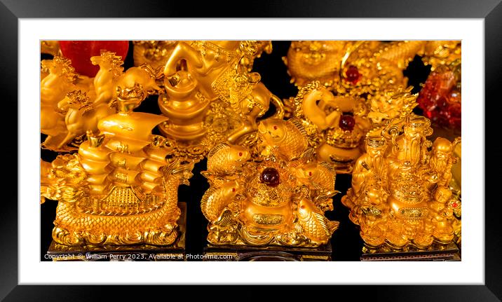 Golden Statues Fish Ship Wat Ratchanaddaram Bangkok Thailand Framed Mounted Print by William Perry