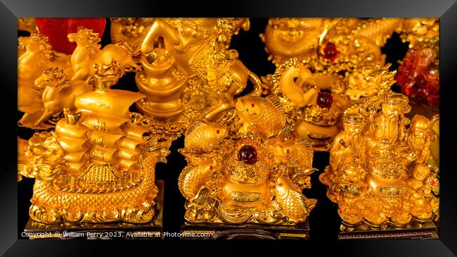 Golden Statues Fish Ship Wat Ratchanaddaram Bangkok Thailand Framed Print by William Perry