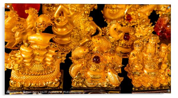 Golden Statues Fish Ship Wat Ratchanaddaram Bangkok Thailand Acrylic by William Perry