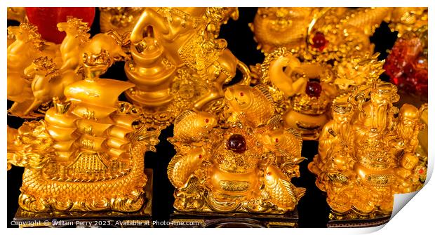 Golden Statues Fish Ship Wat Ratchanaddaram Bangkok Thailand Print by William Perry