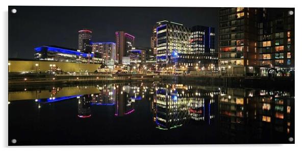 Salford Quays Night Reflections Acrylic by Michele Davis