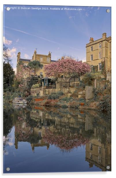 Spring golden and pink reflections along the Kennett and Avon canal in Bath Acrylic by Duncan Savidge
