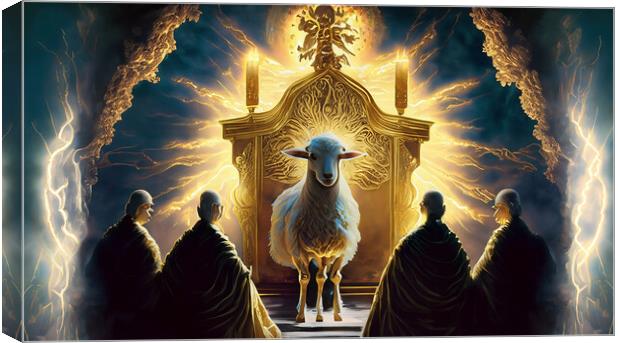 And between the throne and the four living creatures and among the elders I saw a Lamb standing, as though it had been slain Canvas Print by Glen Allen