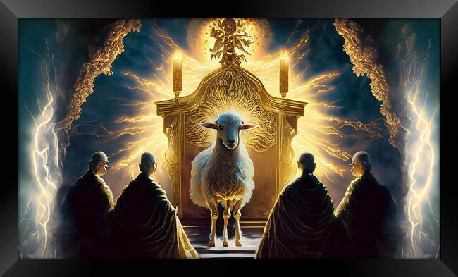 And between the throne and the four living creatures and among the elders I saw a Lamb standing, as though it had been slain Framed Print by Glen Allen