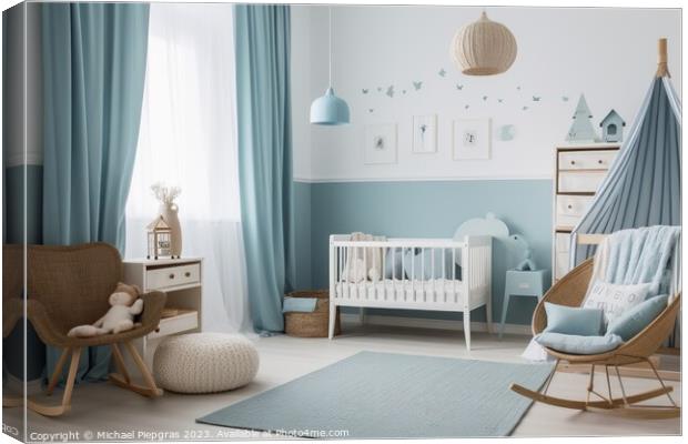A baby boy room in pastel blue created with generative AI techno Canvas Print by Michael Piepgras