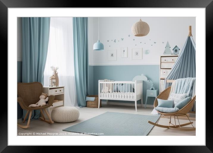 A baby boy room in pastel blue created with generative AI techno Framed Mounted Print by Michael Piepgras