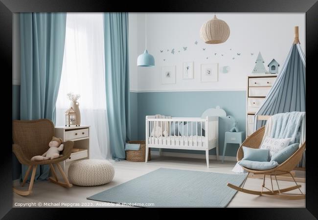 A baby boy room in pastel blue created with generative AI techno Framed Print by Michael Piepgras