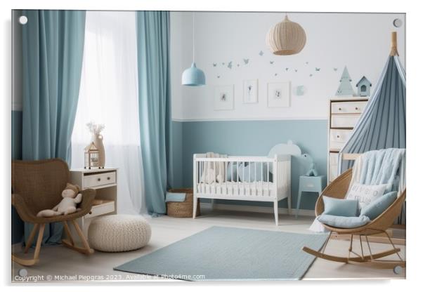 A baby boy room in pastel blue created with generative AI techno Acrylic by Michael Piepgras