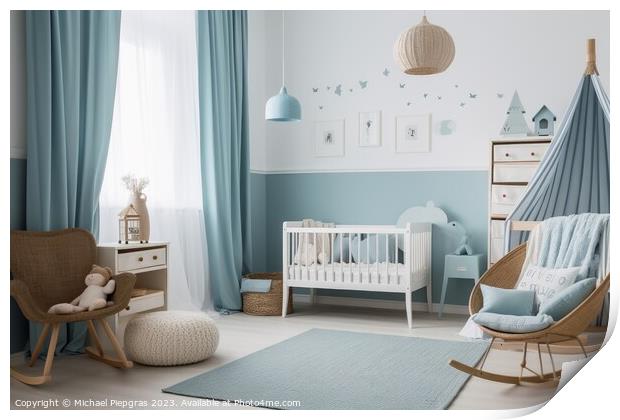 A baby boy room in pastel blue created with generative AI techno Print by Michael Piepgras