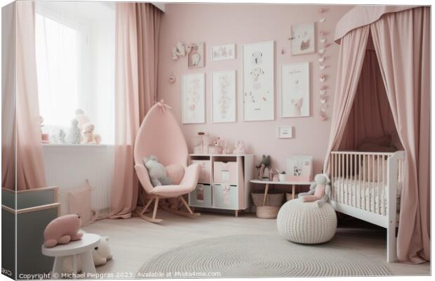 A babys room in pastel pink created with generative AI technolog Canvas Print by Michael Piepgras