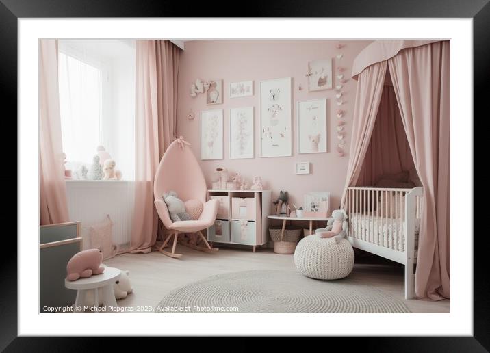 A babys room in pastel pink created with generative AI technolog Framed Mounted Print by Michael Piepgras