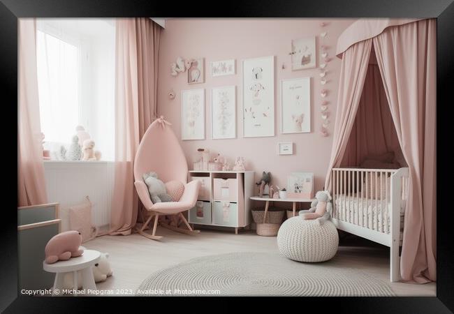 A babys room in pastel pink created with generative AI technolog Framed Print by Michael Piepgras