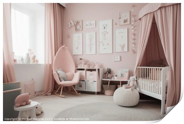 A babys room in pastel pink created with generative AI technolog Print by Michael Piepgras