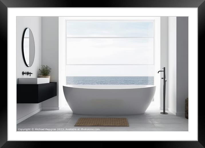 A bathroom in a nordic style with a white bathtub created with g Framed Mounted Print by Michael Piepgras