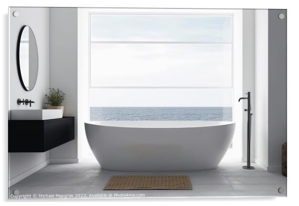 A bathroom in a nordic style with a white bathtub created with g Acrylic by Michael Piepgras