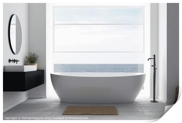 A bathroom in a nordic style with a white bathtub created with g Print by Michael Piepgras