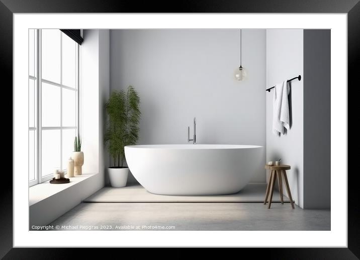 A bathroom in a nordic style with a white bathtub created with g Framed Mounted Print by Michael Piepgras