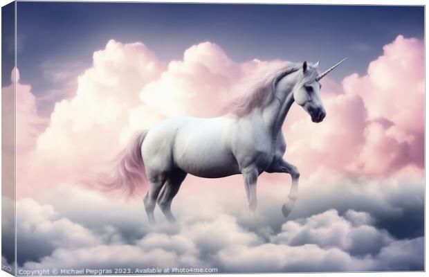 A beautiful unicorn surrounded by soft clouds created with gener Canvas Print by Michael Piepgras