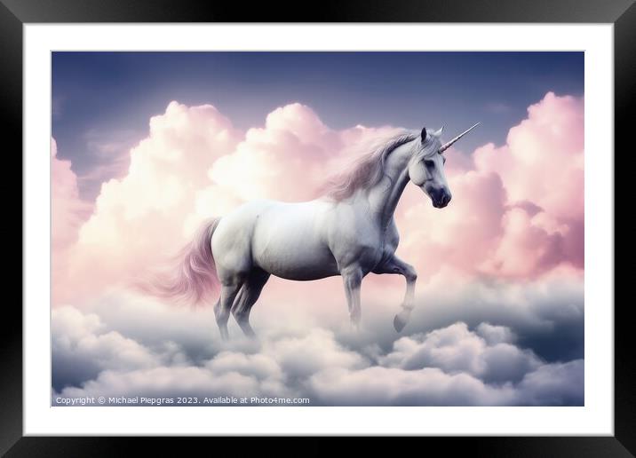 A beautiful unicorn surrounded by soft clouds created with gener Framed Mounted Print by Michael Piepgras