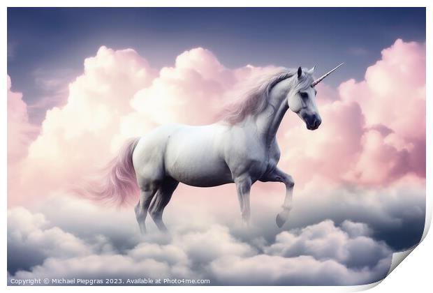 A beautiful unicorn surrounded by soft clouds created with gener Print by Michael Piepgras