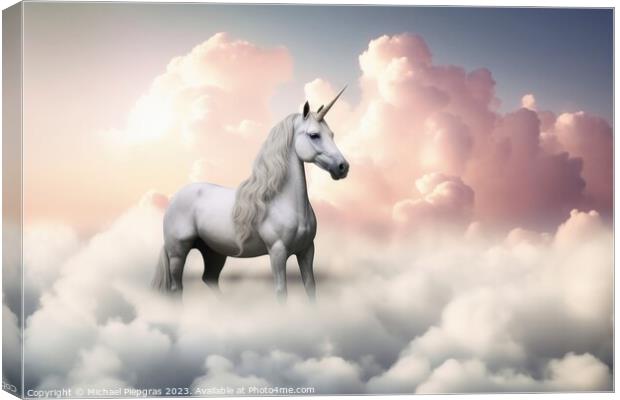 A beautiful unicorn surrounded by soft clouds created with gener Canvas Print by Michael Piepgras