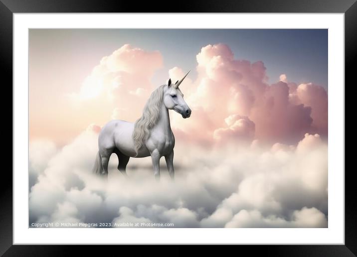 A beautiful unicorn surrounded by soft clouds created with gener Framed Mounted Print by Michael Piepgras