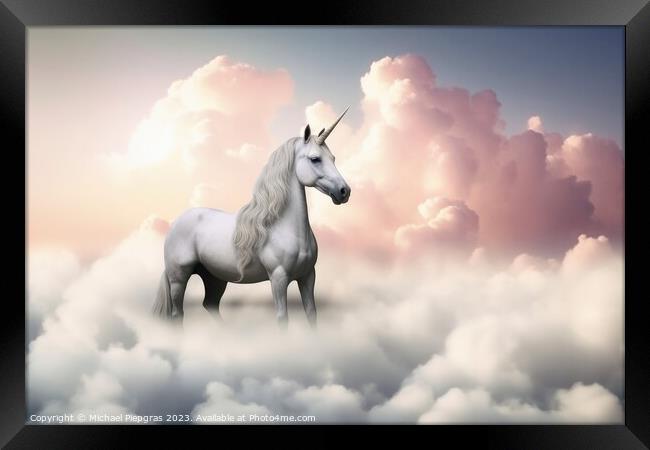 A beautiful unicorn surrounded by soft clouds created with gener Framed Print by Michael Piepgras