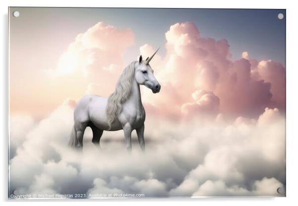 A beautiful unicorn surrounded by soft clouds created with gener Acrylic by Michael Piepgras