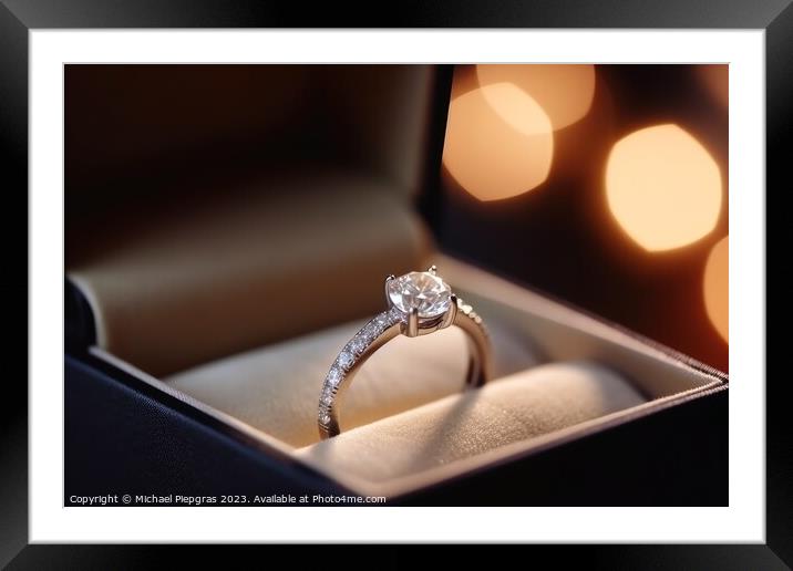 A beautiful wedding ring in the box with sparkling light created Framed Mounted Print by Michael Piepgras