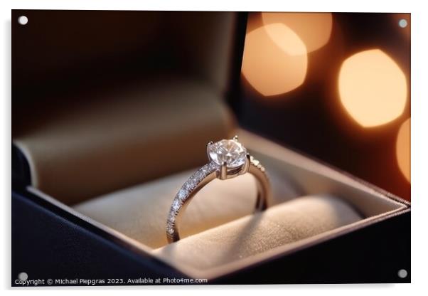 A beautiful wedding ring in the box with sparkling light created Acrylic by Michael Piepgras