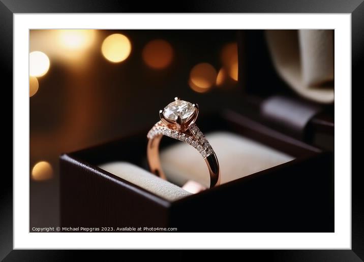 A beautiful wedding ring in the box with sparkling light created Framed Mounted Print by Michael Piepgras