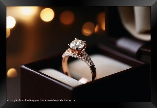 A beautiful wedding ring in the box with sparkling light created Framed Print by Michael Piepgras